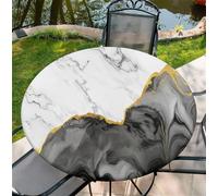 Round Table Cloth with Elastic Edge 44 Inch- Waterproof Non-Woven Fitted Table Cover for Indoor & Outdoor Use - Gray and white marble Patterns Tablecloth Perfect for Dining, Garden & Patio Tables