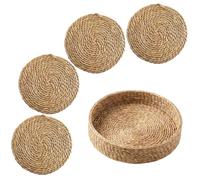 Round Table Mats Set of 4, 12 Inch Hand Woven Cattail Placemats with 1 Tray Included, Heat Resistant Non-Slip Straw Mats for Family Dinner, Holiday Dining, Wedding & Celebration Decor
