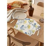 Round Table Placemats Set of 6 Vintage Floral Plant, Wedge Shape Place Mats for Dining Table, Heat-Resistant Washable Wipe Clean Table Mat Decoration 11.8x17.5 Inches, Yellow Blue