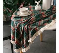 Round Tablecloth 150 Cm Linen Green Checked Washable Coffee Table Decorative Garden Kitchen Tablecloth for Christmas Decorations Outdoor