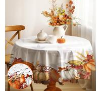 Round Tablecloth 150 cm, Wipeable Tablecloths Outdoor Table Cloth Wipe Clean, Washable Pumpkin Autumn Leaves Table Cover Waterproof for Dinning Kitchen Thanksgiving Halloween Harvest Party Picnic