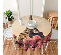 Round Tablecloth 152cm Waterproof Tablecloth for Dining Tables Kitchen Farmhouse Tablecloths Eiffel Tower with Rose Flower Table Cloth Wrinkle Free Table Cover for Dining Buffet Wedding Party