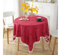 Round Tablecloth 260 cm Polyester Dining Table Cover for 6-8 People Embroidered Lines with Pom Poms Stylish Home Decor for Living Room or Dining Room