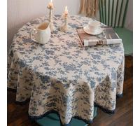 Round Tablecloth Blue/Black - Blue or Black Floral Pastoral Table Cloth Cotton Linen Vintage, 150cm Round Tablecloth, Indoor Outdoor Table Cloth for Party,Picnic,Dining,Garden