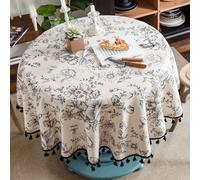 Round Tablecloth Blue/Black - Round Table Cloth, Blue or Black Floral Pastoral Table Cloth Cotton Linen Vintage, 150cm Round Tablecloth, Indoor Outdoor Table Cloth Round for Party,Picnic,Dining,Garden