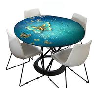 Round Tablecloth Fitted Elastic 3D Table Cloth, Treer Waterproof Dust-Proof Wipeable Polyester Table Cover Elastic Edge Butterfly Print Tablecloths for Kitchen Party Outdoors (Blue,Round 120cm)