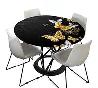 Round Tablecloth Fitted Elastic 3D Table Cloth, Treer Waterproof Dust-Proof Wipeable Polyester Table Cover Elastic Edge Butterfly Print Tablecloths for Kitchen Party Outdoors (Black gold,Round 100cm)