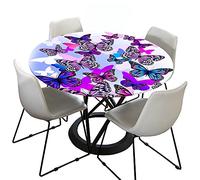 Round Tablecloth Fitted Elastic 3D Table Cloth, Treer Waterproof Dust-Proof Wipeable Polyester Table Cover Elastic Edge Butterfly Print Tablecloths for Kitchen Party Outdoors (Purple,Round 90cm)