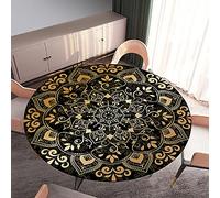 Round Tablecloth Fitted Elastic Mandala Table Cloth, Treer Waterproof Dust-Proof Wipeable Polyester Table Cover Elastic Edge 3D Print Tablecloths for Kitchen Party Outdoors (Anthracite,Round 90cm)