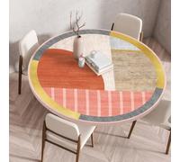 Round Tablecloth Grey Orange Geometry Indoor Outdoor Table Cloth Wipe Clean Elastic Edged Fitted Polyester Washable Tablecloths for Dining Room Garden Round Table Protector(120 cm)