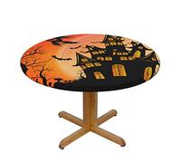 Round Tablecloth Happy Halloween Witch Spooky Fitted Elastic Waterproof Wipeable Table Cloth Cover Decorations Table Pad Cover for Party Dinning Room Picnic-Medium