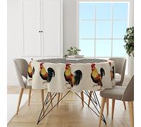 Round Tablecloth Rooster Farm Animal Retro Black White Buffalo Plaid Stain Resistant Table Cloth Cover Washable,Wipe Clean Table Covers For Kitchen Restaurant Outdoor 152Cm