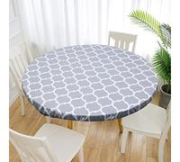 Round Tablecloth Waterproof Elastic Edged Vinyl Fitted Tablecloth Flannel Backed Circular Table Cover Stain Resistant Oil-proof Wipeable Table Protector for Home Party Picnic (Grey, 90-110cm)