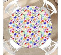 Round Tablecloth with Elastic Edge 60 Inch Waterproof Outdoor Fitted Table Cover for Dining, Kitchen, Party -Colorful Flowers Decorative Patterned Table Protector