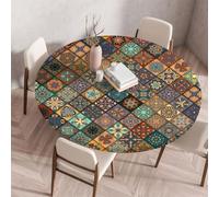 Round Tablecloth with Elasticated Edges Wipe Clean Bohemia Mandala Table Cloth Small Waterproof Polyester Coffee Table Cover Table Protectors for Dining Bistro Outdoor Garden (Morocco,80cm)