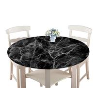 Round Tablecloths Waterproof Dust-Proof Table Cloth,Treer Wipeable Polyester Table Cover with 3D Marbling Print Elastic Edge Table Protector for Kitchen Dining Room Party (Black,120cm)