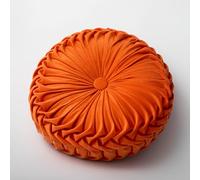 Round Throw Pillow 13.7inch Velvet Home Decoration Pleated Cushion for Couch Chair Bed Car， with Center Button Circle Plush Pillow(Color:Orange)
