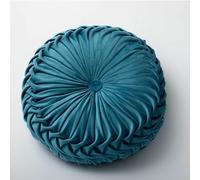 Round Throw Pillow 13.7inch Velvet Home Decoration Pleated Cushion for Couch Chair Bed Car， with Center Button Circle Plush Pillow(Color:Deep Blue)