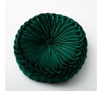 Round Throw Pillow 13.7inch Velvet Home Decoration Pleated Cushion for Couch Chair Bed Car， with Center Button Circle Plush Pillow(Color:Blackish Green)