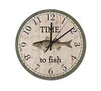 Round Time to Fish Carp Clock Rustic Country Home Decorative Clock Battery Operated Silent Non-Ticking Arabic Numerals Hanging Clock Decorative for Home Bathroom Bedrooms Living Room 10"x10"