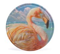 Round Tin Sign A Pink Flamingo with Yellow And White Feathers Vintage Metal Signs Animal Flamingo Spring Summer Gift Metal Signs for Outdoors Home Bedroom Kitchen Bar Home Cafe 30cmx30cm