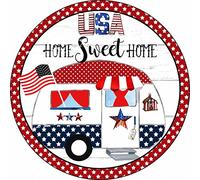 Round Tin Sign Sweet Home Camper Red White Blue Patriotic 4Th Of July Rustic Art Wall Decor Antique Sign Vintage Advertising Metal Tin Sign Farmhouse Coffee Shop Street Garden Garage 12x12 Inch
