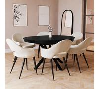 Round to Oval Black Extendable Dining Table Set with 6 Beige Upholstered Chairs - Seats 6 - Karie
