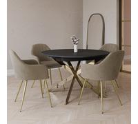 Round to Oval Black Wooden Extendable Dining Table Set with 4 Mink Velvet Chairs - Seats 4 - Reine