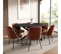 Round to Oval Black Wooden Extendable Dining Table Set with 6 Burnt Orange Upholstered Chairs - Seats 6 - Reine
