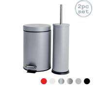 Harbour Housewares 3L Bathroom Bin & Brush Set - Grey - 2pc Round Stainless Steel Pedal Bin & Toilet Brush Set Slim Small Trashcan for Kitchen Waste, Bathroom Rubbish