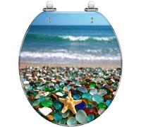 Round Toilet Seat Beach Glass Pebble Resin Toilet lid with Quietly Close Quick Release Hinges Decorative Seat with Cover Easy to Clean and Install