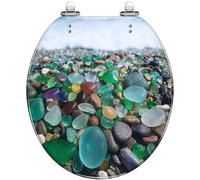 Round Toilet Seat Beach Glass Pebble Resin Toilet lid with Quietly Close Quick Release Hinges Decorative Seat with Cover Easy to Clean and Install