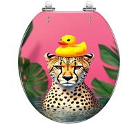 Round Toilet Seat Cheetah Bath Orange Pink Bathroom Funny Animal Bathtub Resin Toilet lid with Quietly Close Quick Release Hinges Decorative Seat with Cover Easy to Clean and Install