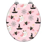 Round Toilet Seat Cute Halloween Ghosts Bats Witch Hats Pink Resin Toilet lid with Quietly Close Quick Release Hinges Decorative Seat with Cover Easy to Clean and Install