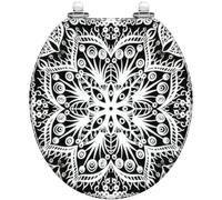 Round Toilet Seat Daisy Seamless White Hand Drawn Daisies Leaves Blue Field Flowers Resin Toilet lid Quietly Close Quick Release Hinges Decorative Seat Cover Easy to Clean Install