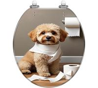 Round Toilet Seat Funny Dog Poodle Toilet Paper Bathtub Animal Quirky Bathroom Resin Toilet lid with Quietly Close Quick Release Hinges Decorative Seat with Cover Easy to Clean and Install