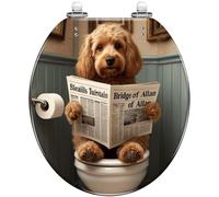 Round Toilet Seat Funny Dog Sitting Toilet Reading Newspaper Vintage Bathroom Resin Toilet lid with Quietly Close Quick Release Hinges Decorative Seat with Cover Easy to Clean and Install
