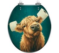 Round Toilet Seat Funny Highland Cow Toilet Paper Horns Vintage Resin Toilet lid with Quietly Close Quick Release Hinges Decorative Seat with Cover Easy to Clean and Install