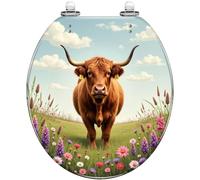 Round Toilet Seat Highland Cow Staring Field Colorful Wildflowers Resin Toilet lid with Quietly Close Quick Release Hinges Decorative Seat with Cover Easy to Clean and Install