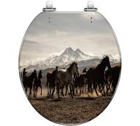 Round Toilet Seat Horses Running Free Resin Toilet lid with Quietly Close Quick Release Hinges Decorative Seat with Cover Easy to Clean and Install