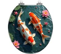 Round Toilet Seat Koi Fish Swimming Among Lotus Flowers Tranquil Pond Resin Toilet lid with Quietly Close Quick Release Hinges Decorative Seat with Cover Easy to Clean and Install