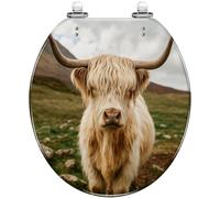 Round Toilet Seat Light Colour Looking to Camera Under Cloudy Day Skye Scotland Cow Resin Toilet lid with Quietly Close Quick Release Hinges Decorative Seat with Cover Easy to Clean and Install
