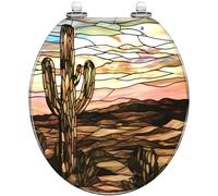 Round Toilet Seat Mosaic Stained Glass Art Cactus Earthy Tones Resin Toilet lid with Quietly Close Quick Release Hinges Decorative Seat with Cover Easy to Clean and Install