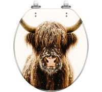 Round Toilet Seat Portrait Scottish Highland Cattle Snow Winter Resin Toilet lid with Quietly Close Quick Release Hinges Decorative Seat with Cover Easy to Clean and Install