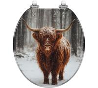 Round Toilet Seat Portrait Scottish Highland Cow Snow Forest Resin Toilet lid with Quietly Close Quick Release Hinges Decorative Seat with Cover Easy to Clean and Install