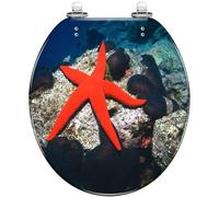 Round Toilet Seat red sea Star Ocean Floor Resin Toilet lid with Quietly Close Quick Release Hinges Decorative Seat with Cover Easy to Clean and Install