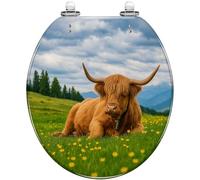 Round Toilet Seat Scottish Highland Cattle Resting pasature Alps Resin Toilet lid with Quietly Close Quick Release Hinges Decorative Seat with Cover Easy to Clean and Install