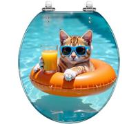 Round Toilet Seat Sleepy Kitten Yellow Inflatable Pool Float Surrounded Resin Toilet lid with Quietly Close Quick Release Hinges Decorative Seat with Cover Easy to Clean and Install (Color3)