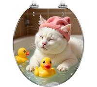 Round Toilet Seat Sleepy Kitten Yellow Inflatable Pool Float Surrounded Resin Toilet lid with Quietly Close Quick Release Hinges Decorative Seat with Cover Easy to Clean and Install (Color7)