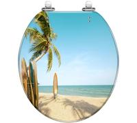 Round Toilet Seat Surfboard Palm Tree Beach Summer Resin Toilet lid Quietly Close Quick Release Hinges Decorative Seat Cover Easy to Clean Install